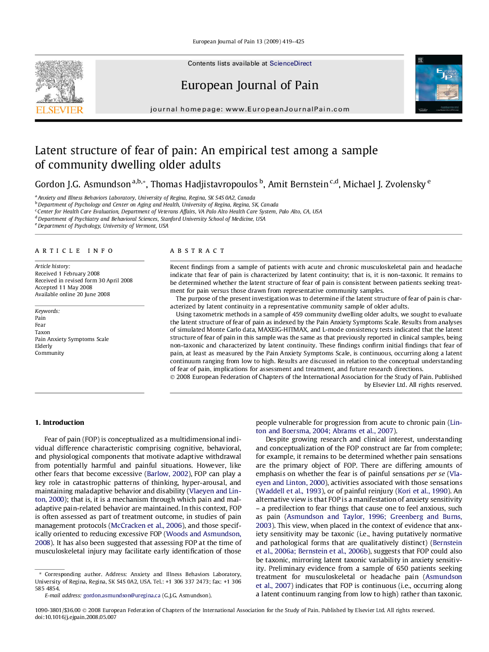 عکس صفحه اول مقاله: Latent structure of fear of pain: An empirical test among a sample of community dwelling older adults Latent structure of fear of pain: An empirical test among a sample of community dwelling older adults