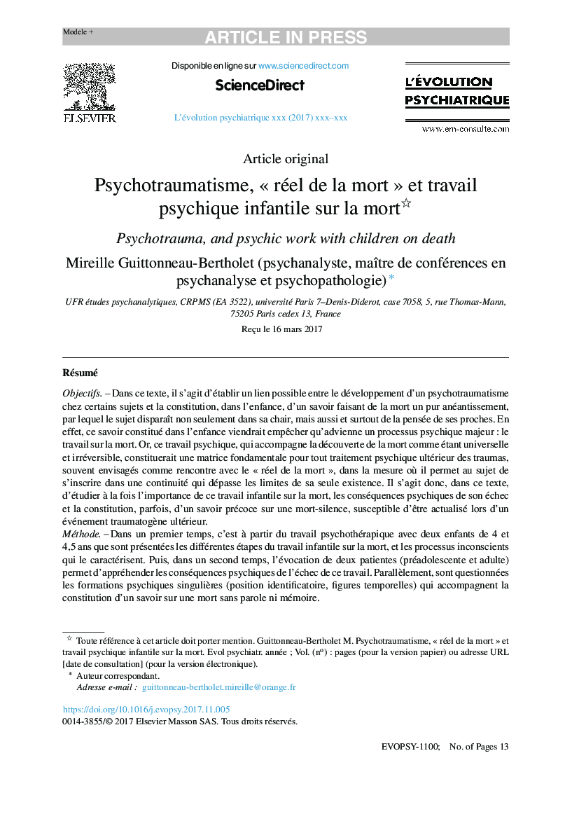 Psychotraumatisme, Â«Â réel de la mortÂ Â» et travail psychique infantile sur la mort