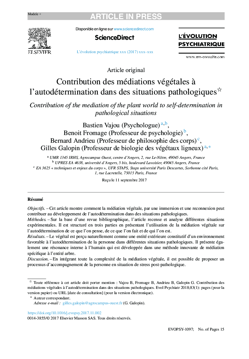 Contribution des médiations végétales Ã  l'autodétermination dans des situations pathologiques