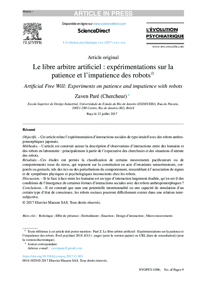 Le libre arbitre artificielÂ : expérimentations sur la patience et l'impatience des robots