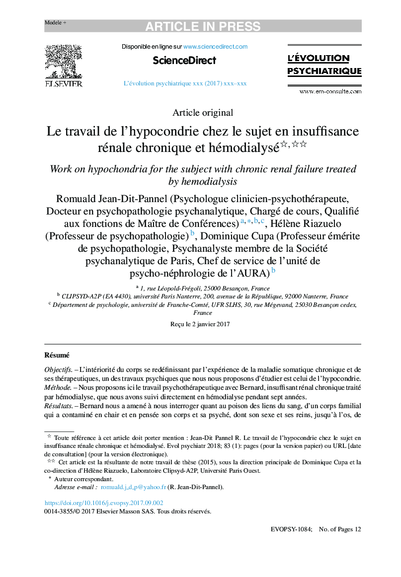 Le travail de l'hypocondrie chez le sujet en insuffisance rénale chronique et hémodialysé