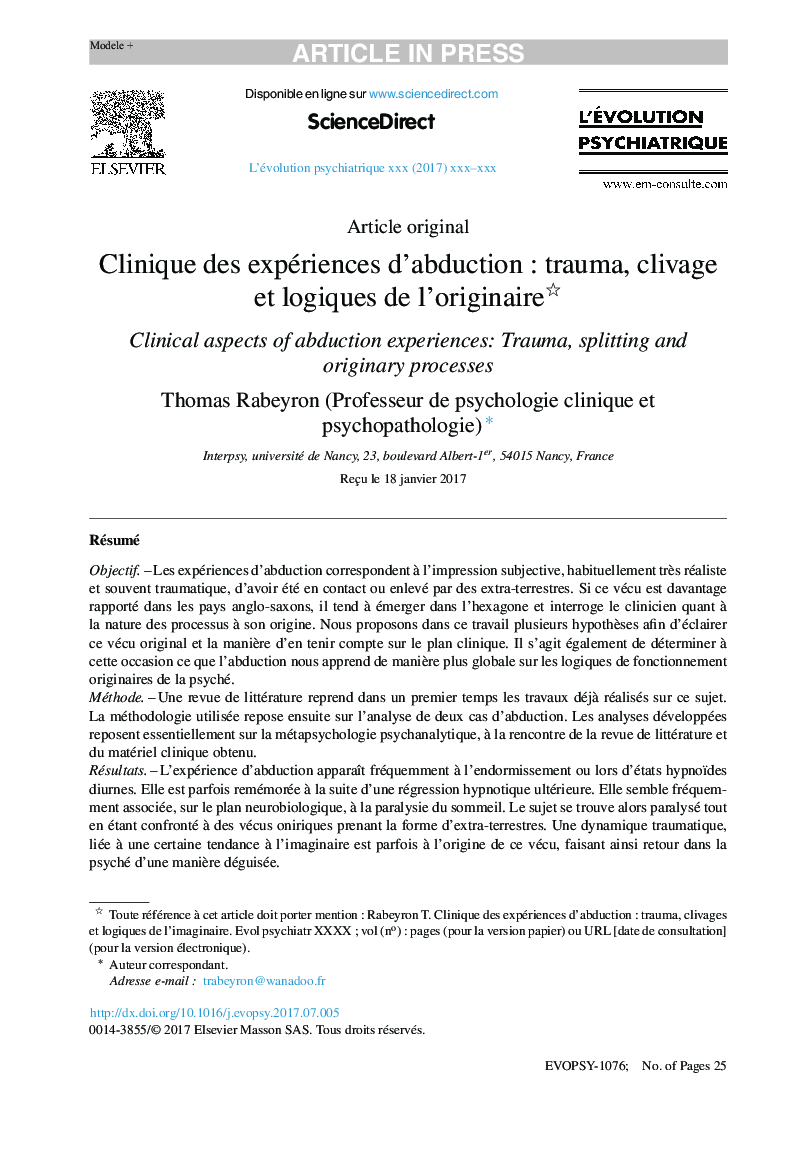 Clinique des expériences d'abductionÂ : trauma, clivage et logiques de l'originaire