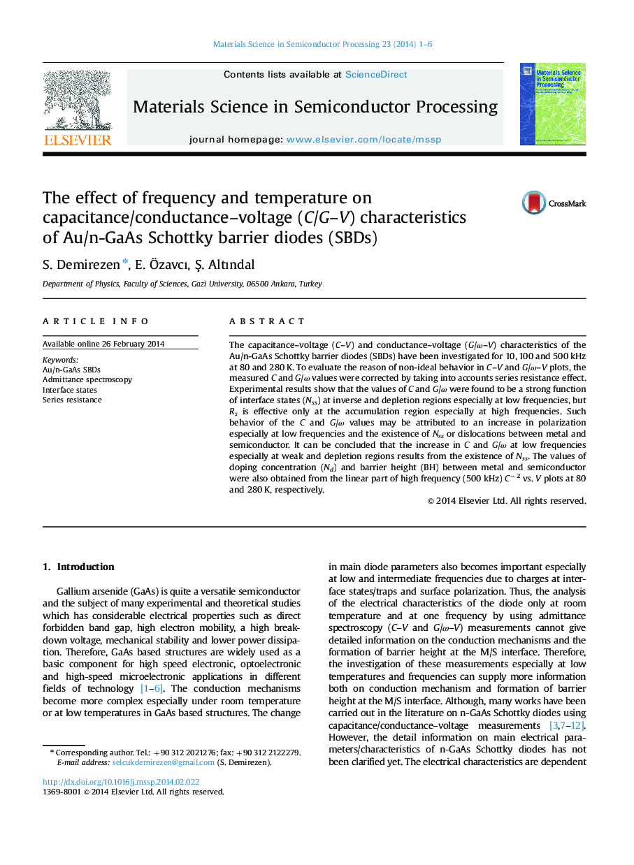 The effect of frequency and temperature on capacitance/conductance–voltage (C/G–V) characteristics of Au/n-GaAs Schottky barrier diodes (SBDs)