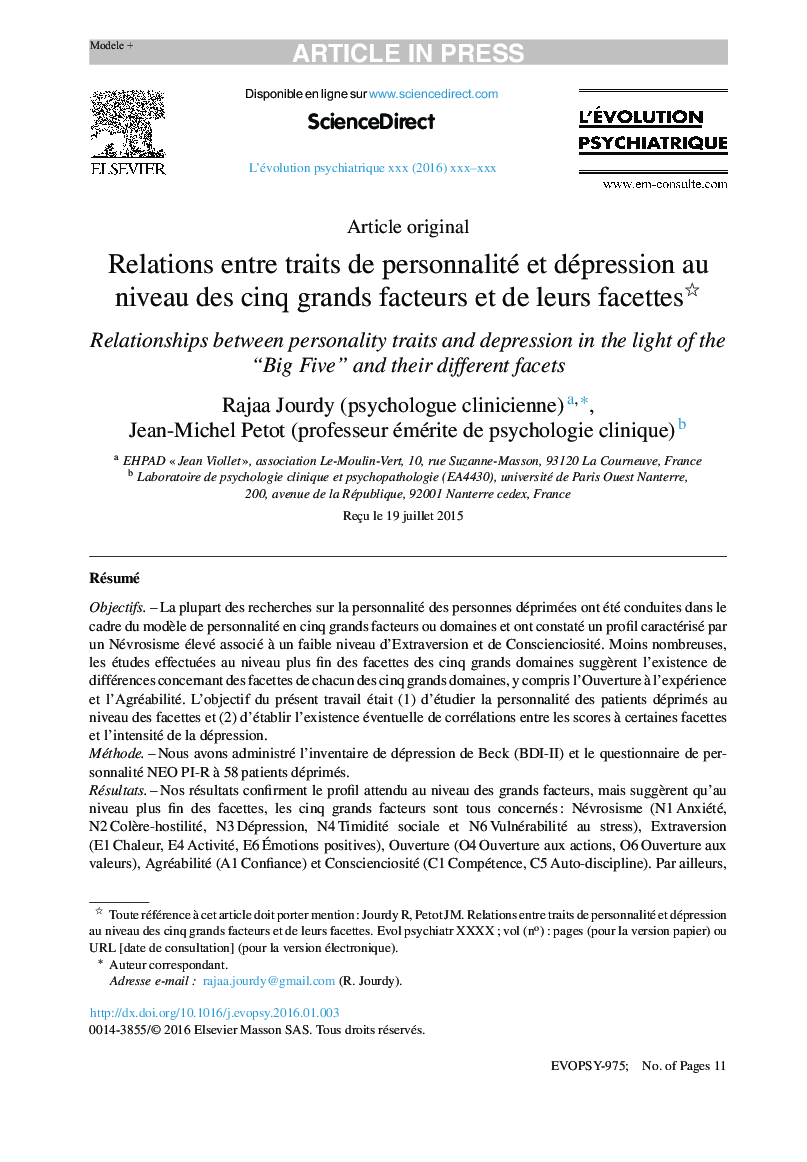 Relations entre traits de personnalité et dépression au niveau des cinq grands facteurs et de leurs facettes