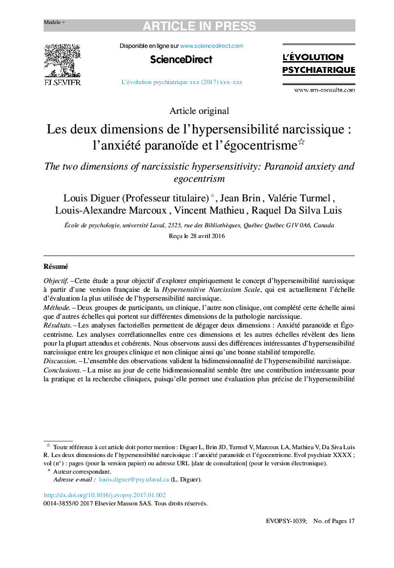 Les deux dimensions de l'hypersensibilité narcissiqueÂ : l'anxiété paranoïde et l'égocentrisme