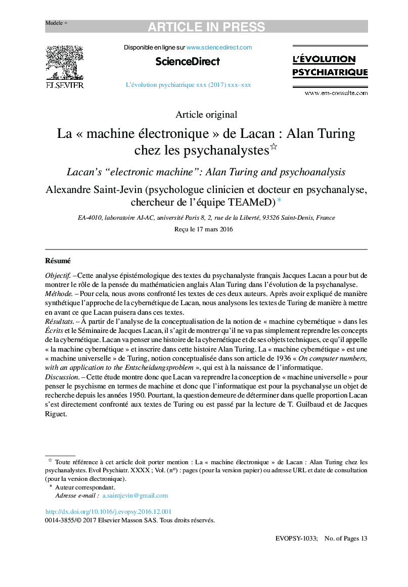 La Â«Â machine électroniqueÂ Â» de LacanÂ : Alan Turing chez les psychanalystes