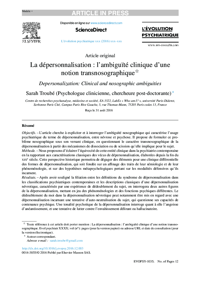 La dépersonnalisationÂ : l'ambiguïté clinique d'une notion transnosographique