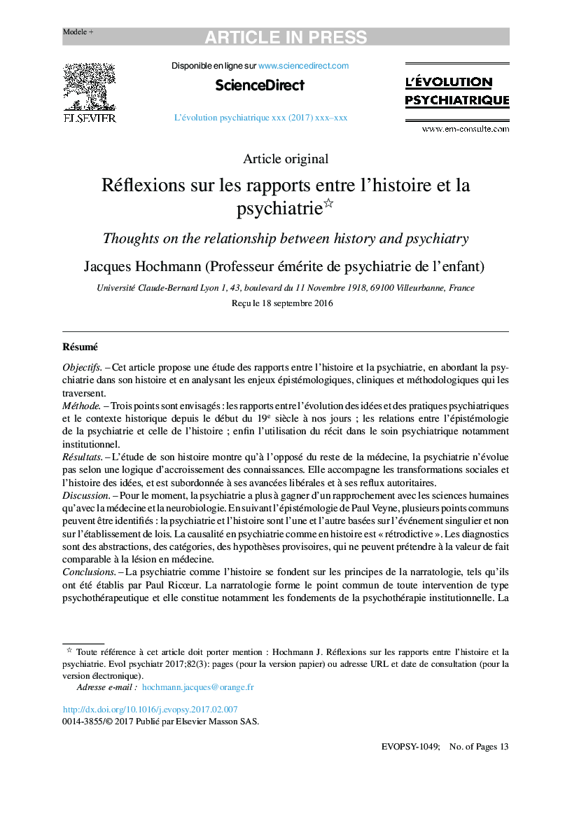 Réflexions sur les rapports entre l'histoire et la psychiatrie