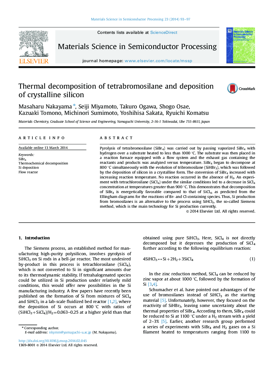 Thermal decomposition of tetrabromosilane and deposition of crystalline silicon