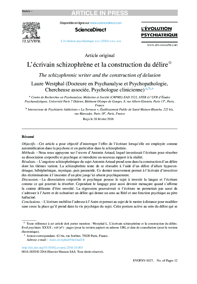 L'écrivain schizophrÃ¨ne et la construction du délire