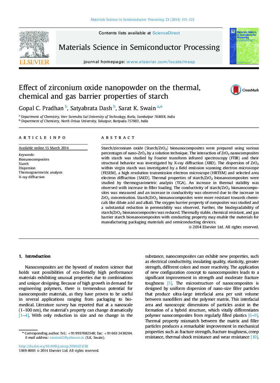 Effect of zirconium oxide nanopowder on the thermal, chemical and gas barrier properties of starch