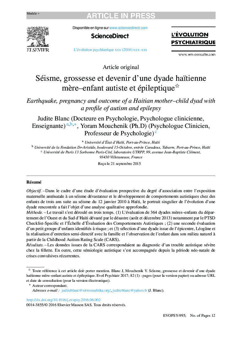 Séisme, grossesse et devenir d'une dyade haïtienne mÃ¨re-enfant autiste et épileptique
