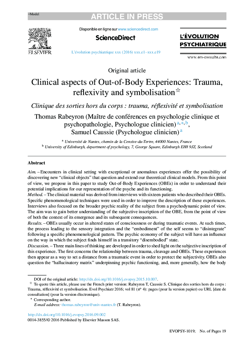 Clinical aspects of Out-of-Body Experiences: Trauma, reflexivity and symbolisation