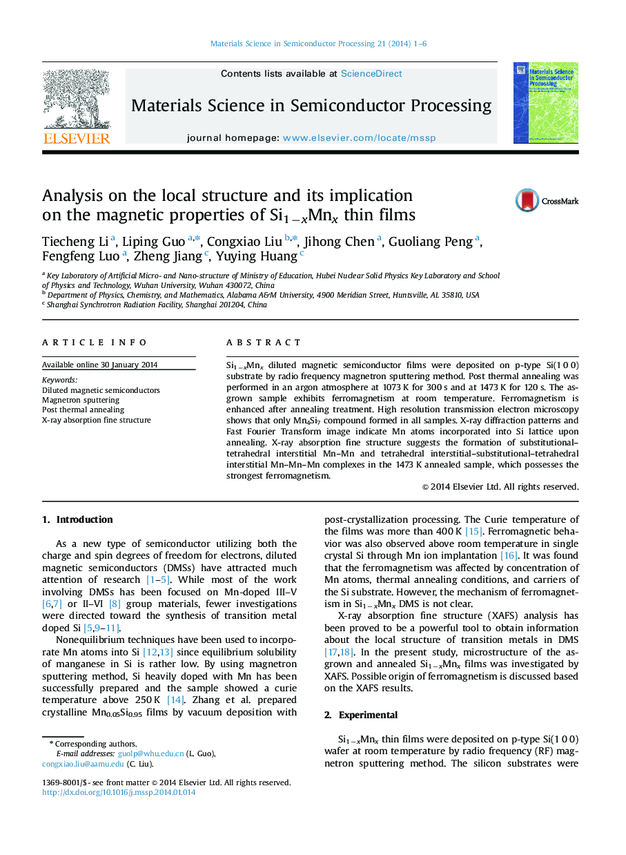 Analysis on the local structure and its implication on the magnetic properties of Si1âxMnx thin films