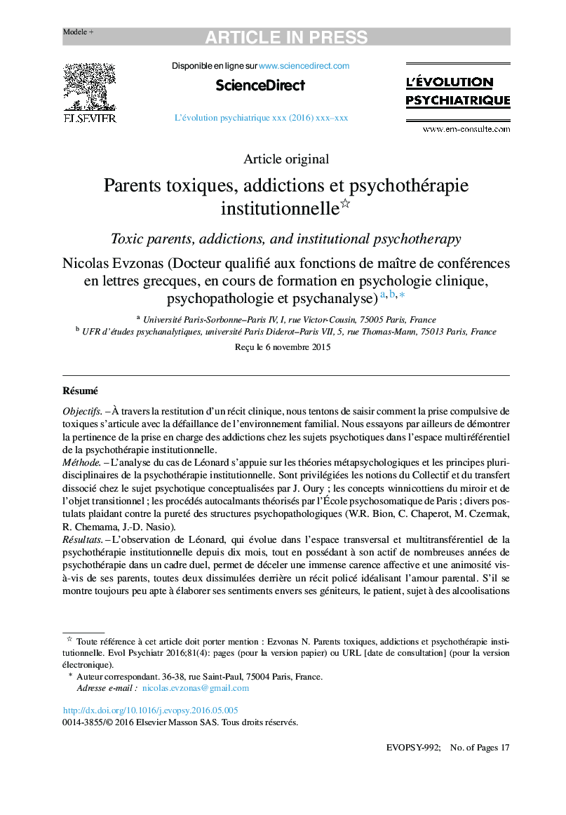 Parents toxiques, addictions et psychothérapie institutionnelle