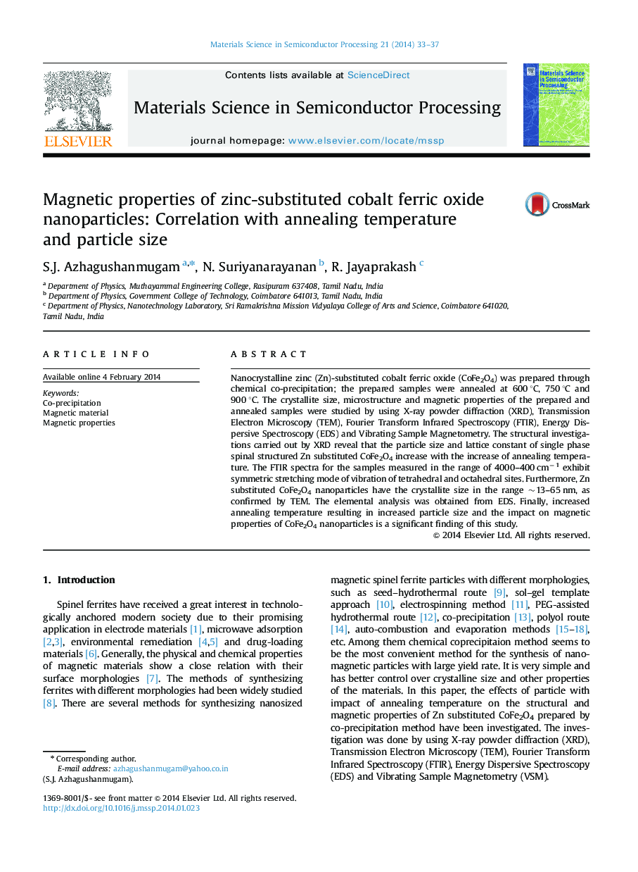 Magnetic properties of zinc-substituted cobalt ferric oxide nanoparticles: Correlation with annealing temperature and particle size