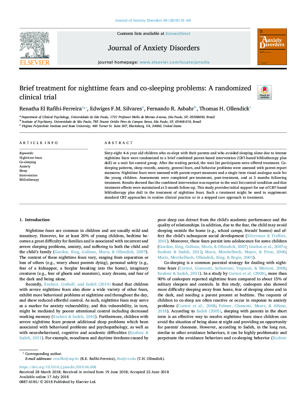 Brief treatment for nighttime fears and co-sleeping problems: A randomized clinical trial