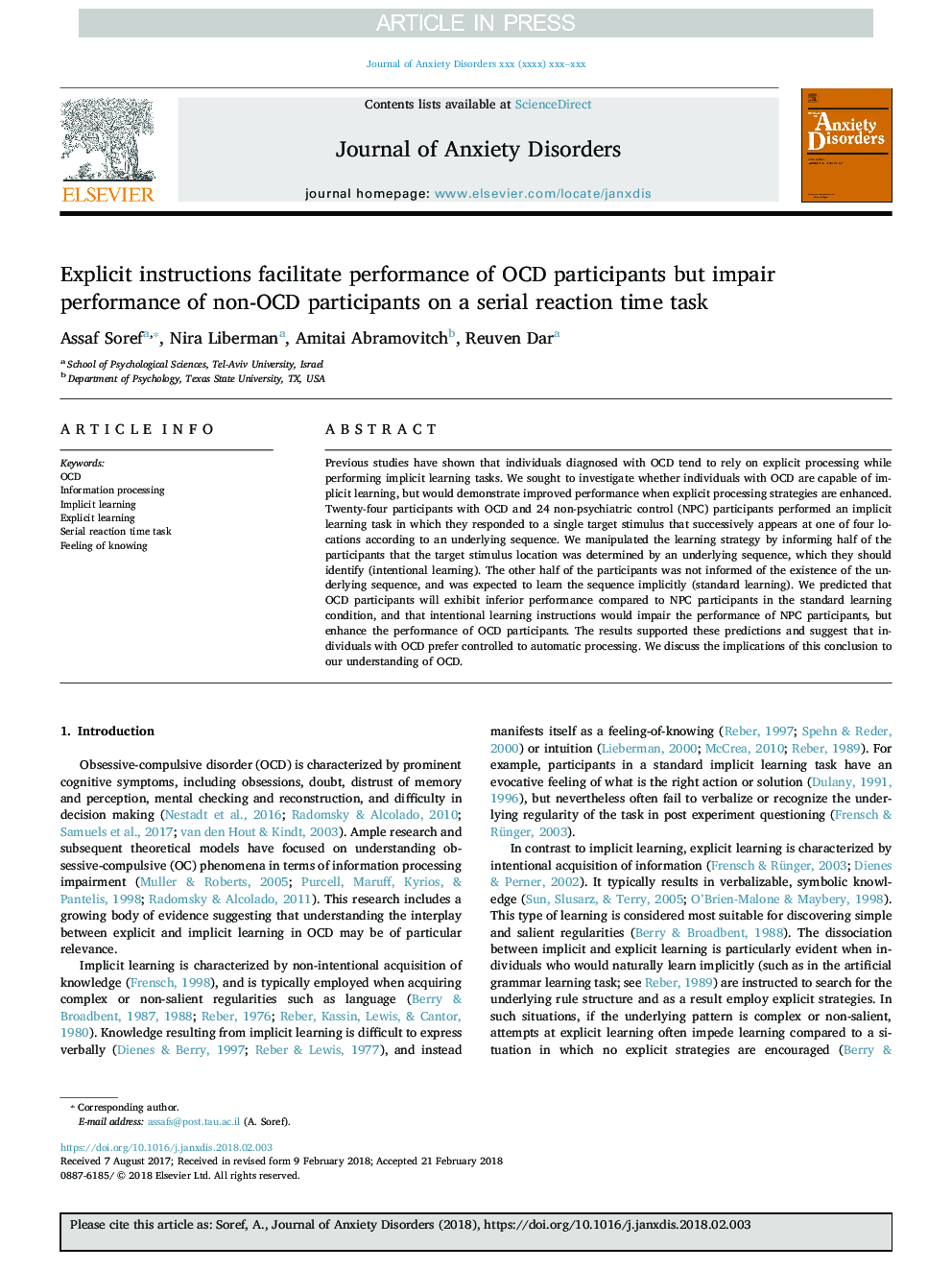 Explicit instructions facilitate performance of OCD participants but impair performance of non-OCD participants on a serial reaction time task