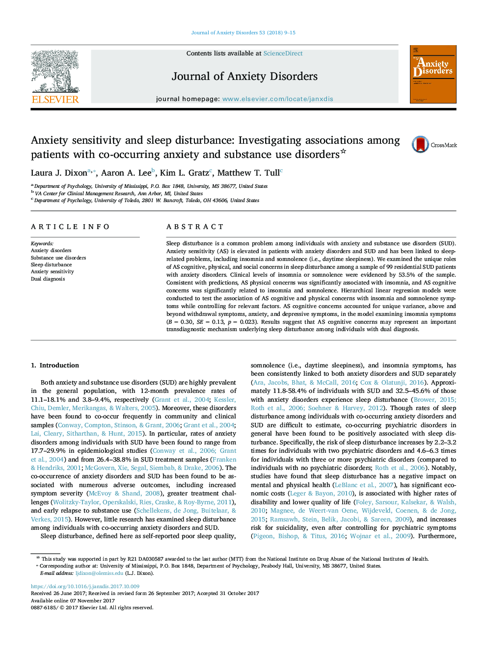 Anxiety sensitivity and sleep disturbance: Investigating associations among patients with co-occurring anxiety and substance use disorders