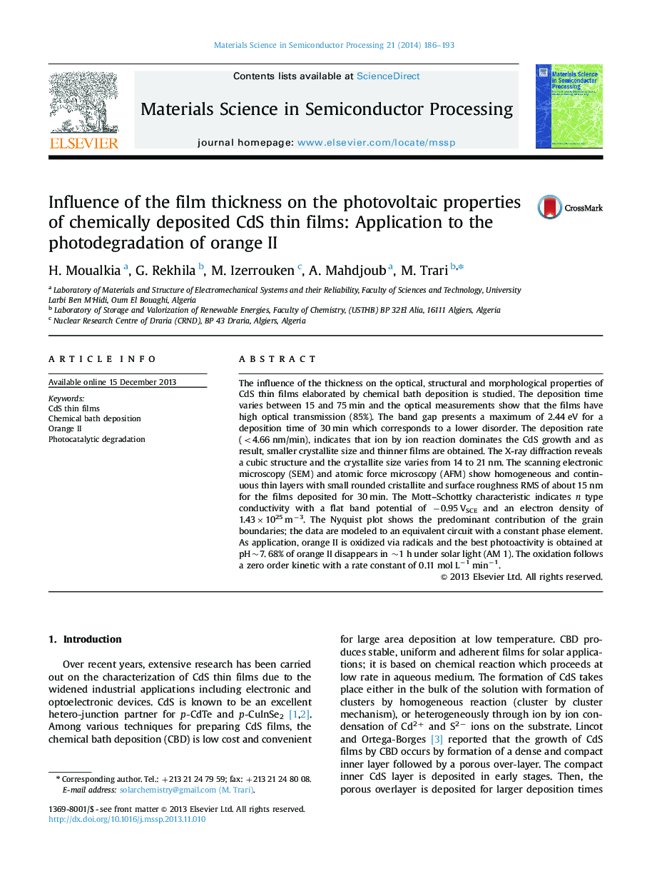 Influence of the film thickness on the photovoltaic properties of chemically deposited CdS thin films: Application to the photodegradation of orange II