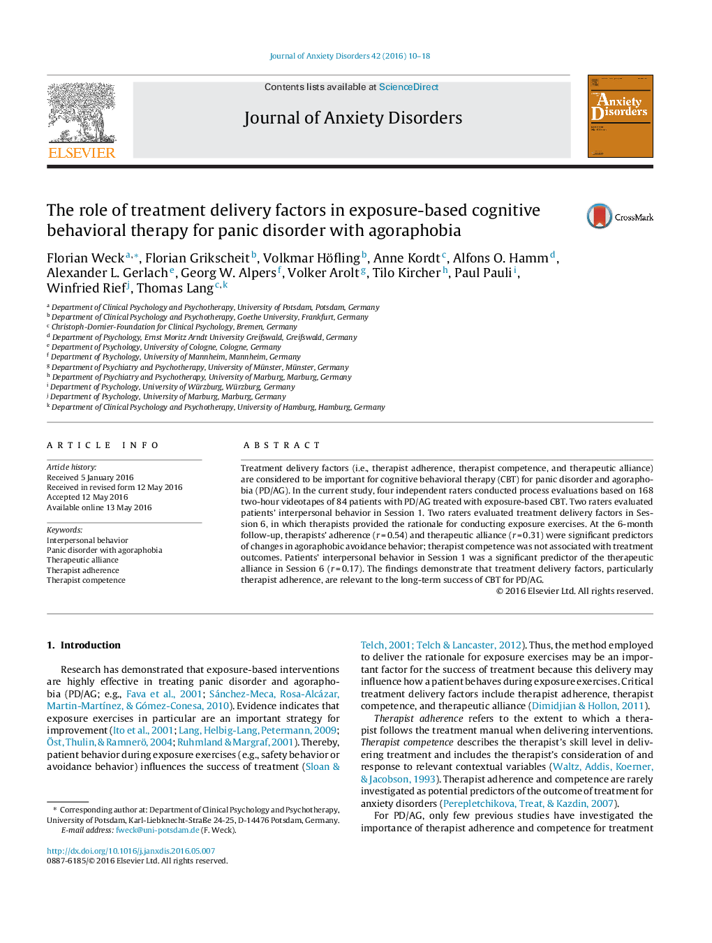 The role of treatment delivery factors in exposure-based cognitive behavioral therapy for panic disorder with agoraphobia