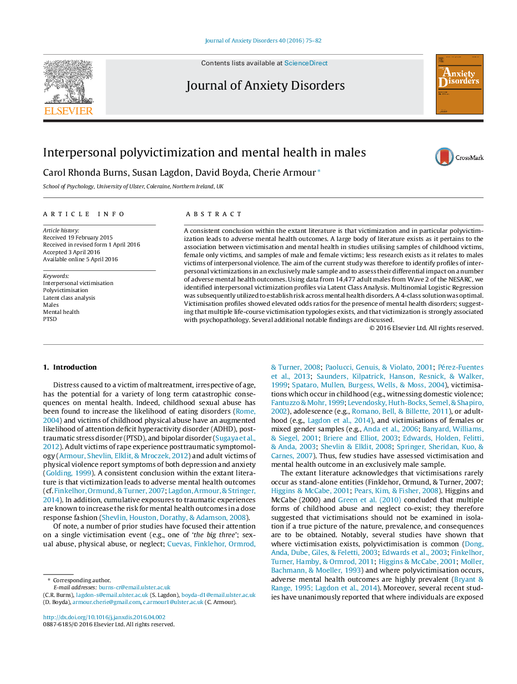 Interpersonal polyvictimization and mental health in males