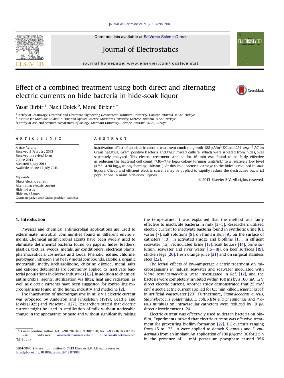 Effect of a combined treatment using both direct and alternating electric currents on hide bacteria in hide-soak liquor