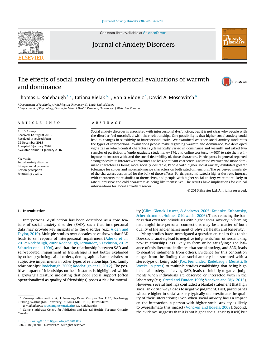 The effects of social anxiety on interpersonal evaluations of warmth and dominance