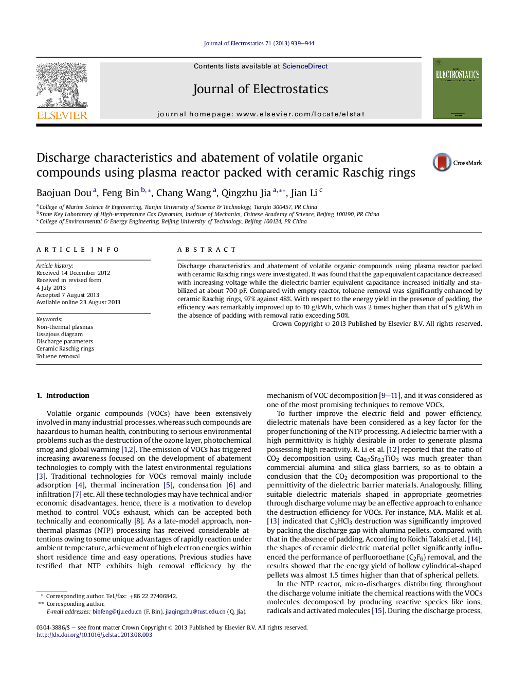 Discharge characteristics and abatement of volatile organic compounds using plasma reactor packed with ceramic Raschig rings