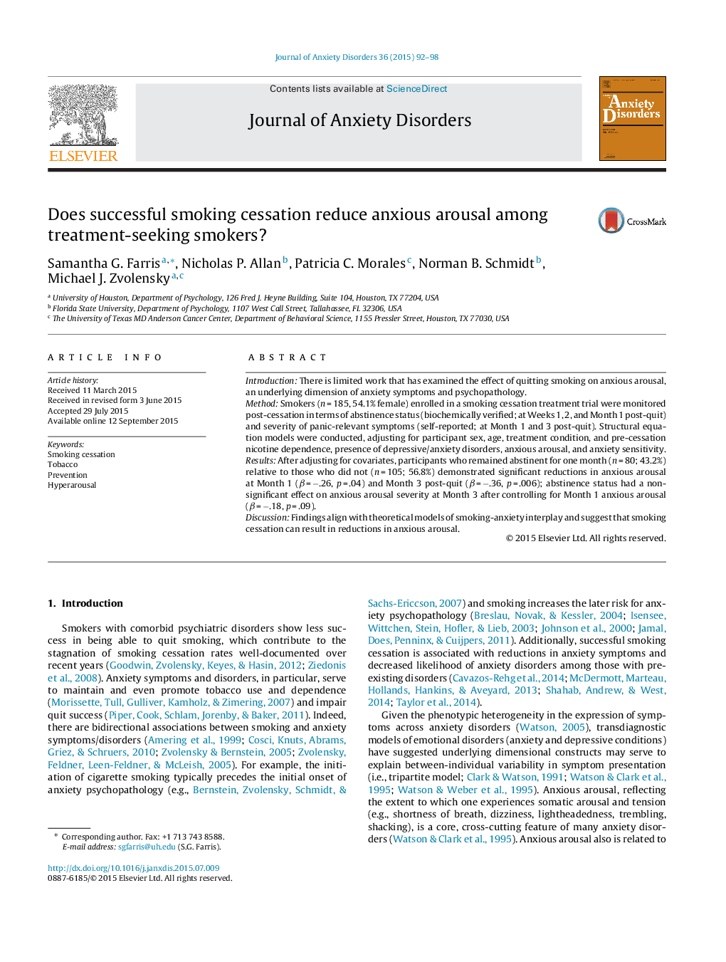 Does successful smoking cessation reduce anxious arousal among treatment-seeking smokers?