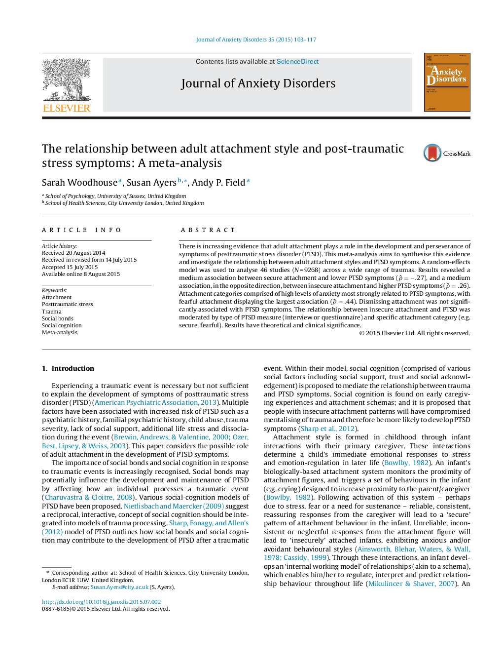 The relationship between adult attachment style and post-traumatic stress symptoms: A meta-analysis