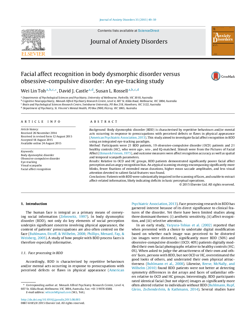 Facial affect recognition in body dysmorphic disorder versus obsessive-compulsive disorder: An eye-tracking study