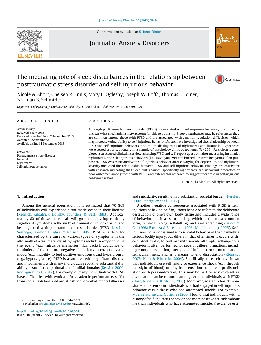 The mediating role of sleep disturbances in the relationship between posttraumatic stress disorder and self-injurious behavior