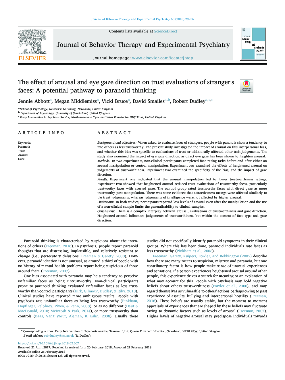 The effect of arousal and eye gaze direction on trust evaluations of stranger's faces: A potential pathway to paranoid thinking