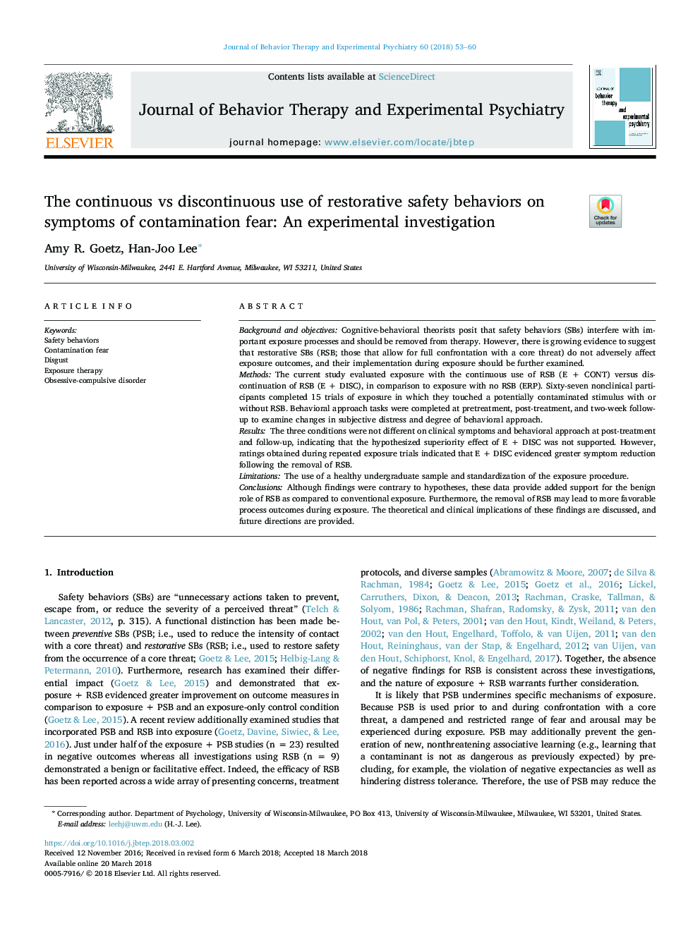 The continuous vs discontinuous use of restorative safety behaviors on symptoms of contamination fear: An experimental investigation
