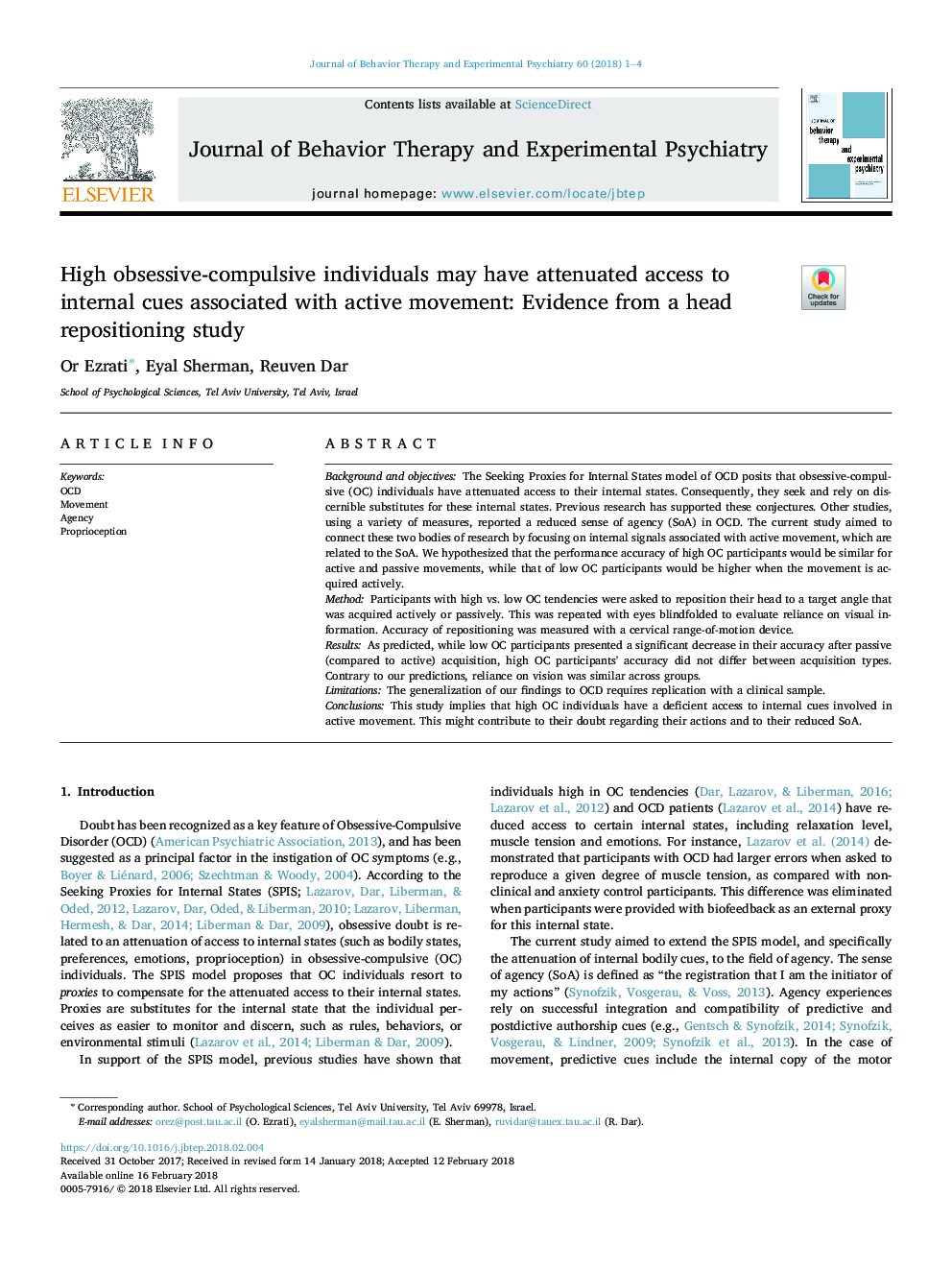 High obsessive-compulsive individuals may have attenuated access to internal cues associated with active movement: Evidence from a head repositioning study