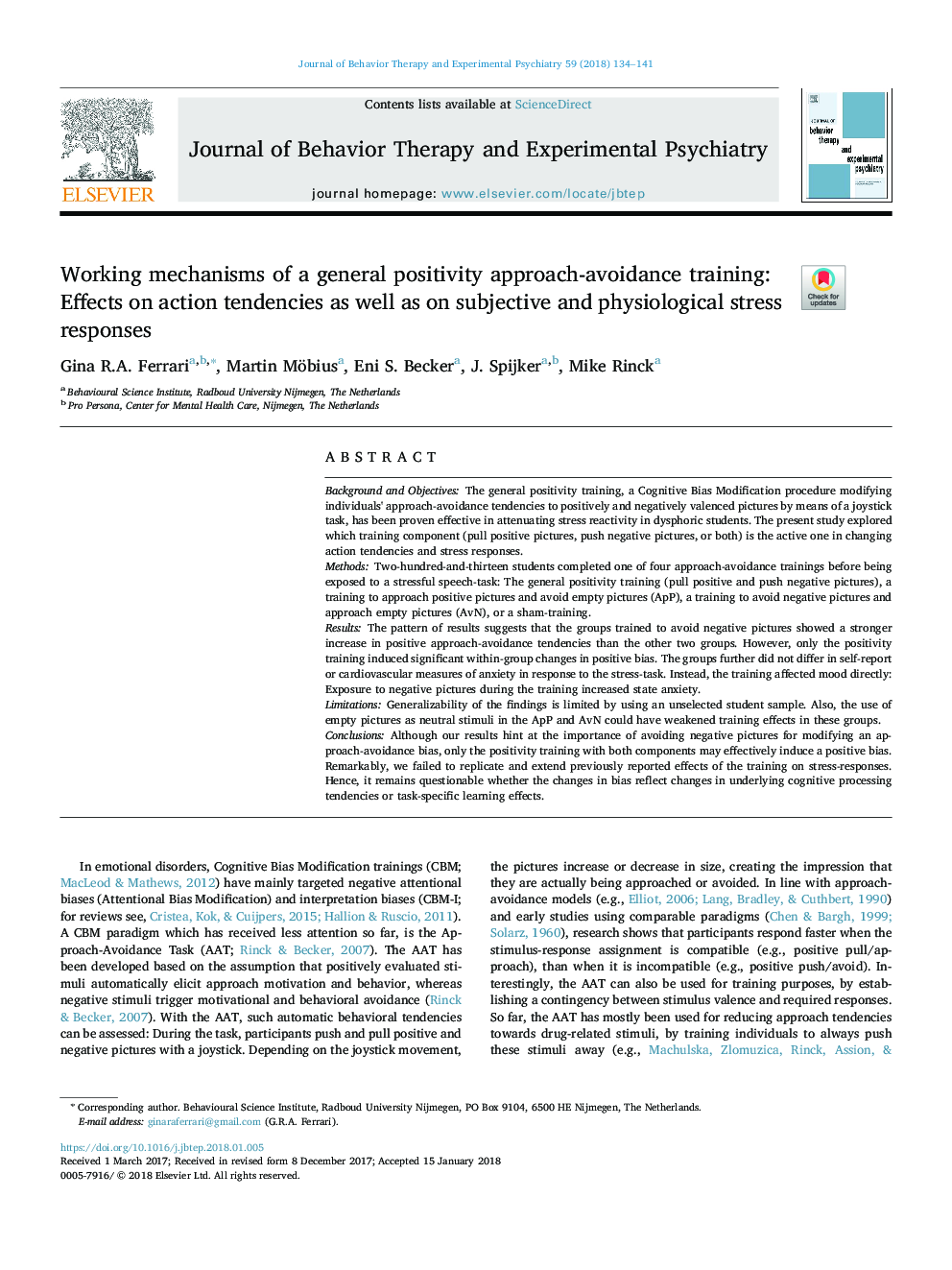 Working mechanisms of a general positivity approach-avoidance training: Effects on action tendencies as well as on subjective and physiological stress responses