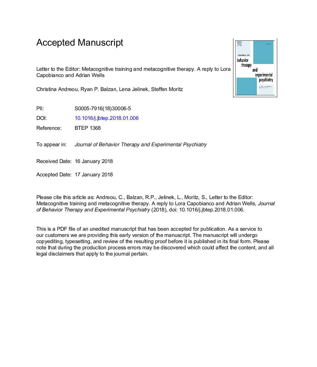 Letter to the Editor: Metacognitive training and metacognitive therapy. A reply to Lora Capobianco and Adrian Wells