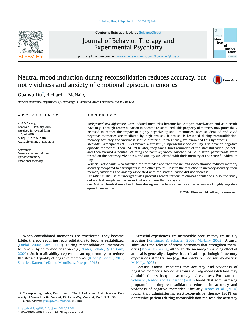 Neutral mood induction during reconsolidation reduces accuracy, but not vividness and anxiety of emotional episodic memories