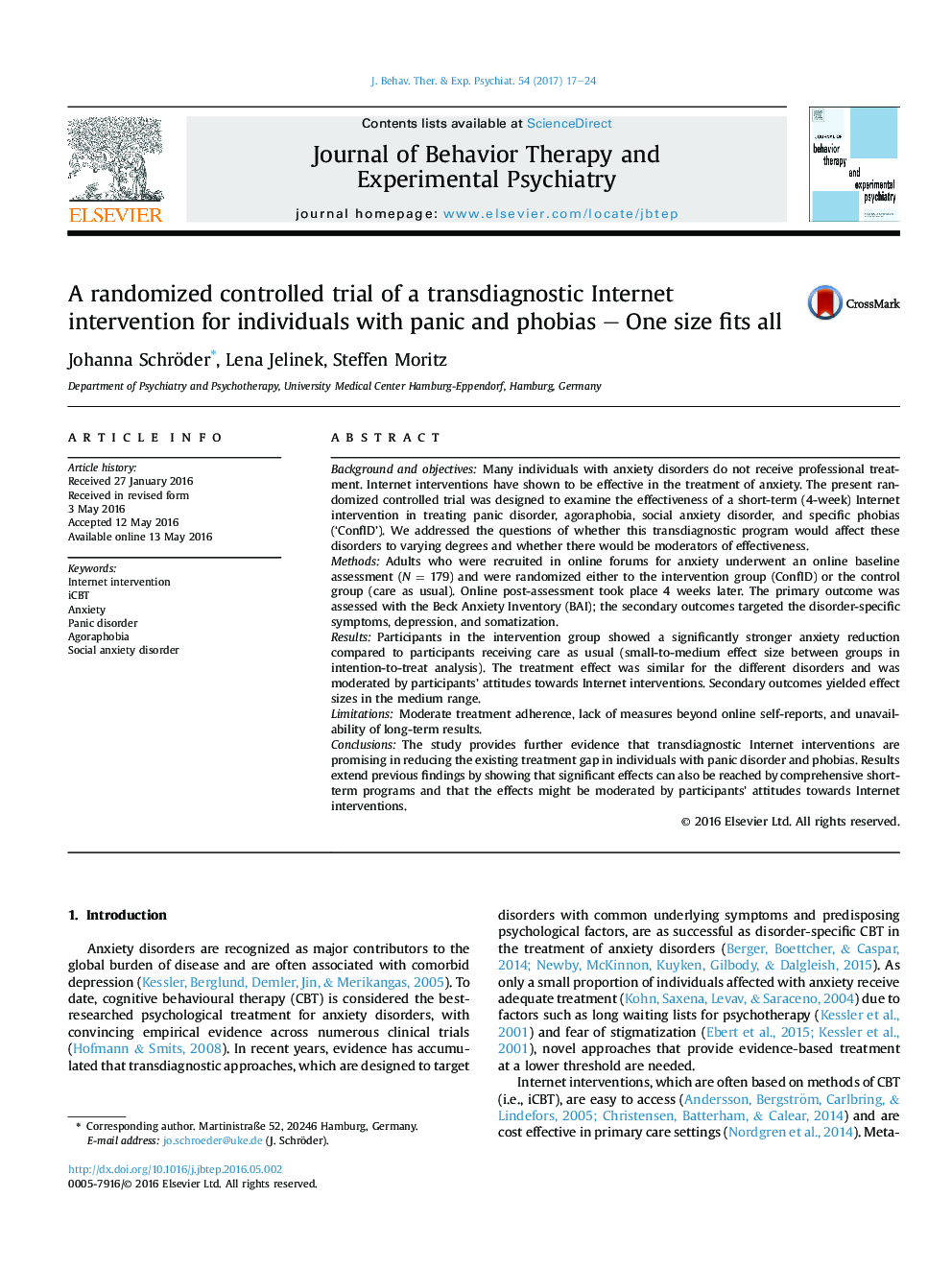 A randomized controlled trial of a transdiagnostic Internet intervention for individuals with panic and phobias - One size fits all