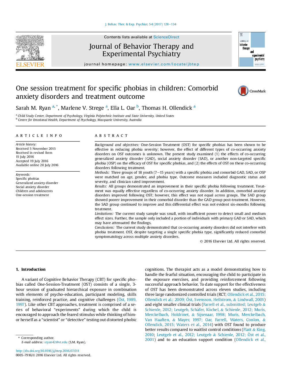 One session treatment for specific phobias in children: Comorbid anxiety disorders and treatment outcome