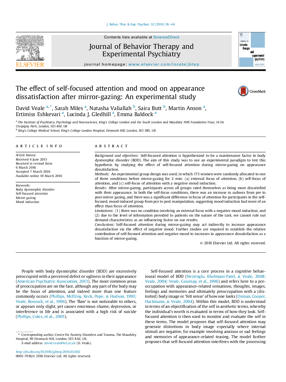 The effect of self-focused attention and mood on appearance dissatisfaction after mirror-gazing: An experimental study