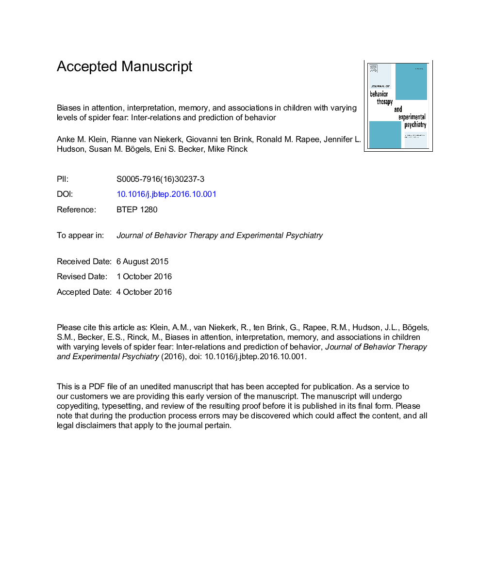 Biases in attention, interpretation, memory, and associations in children with varying levels of spider fear: Inter-relations and prediction of behavior