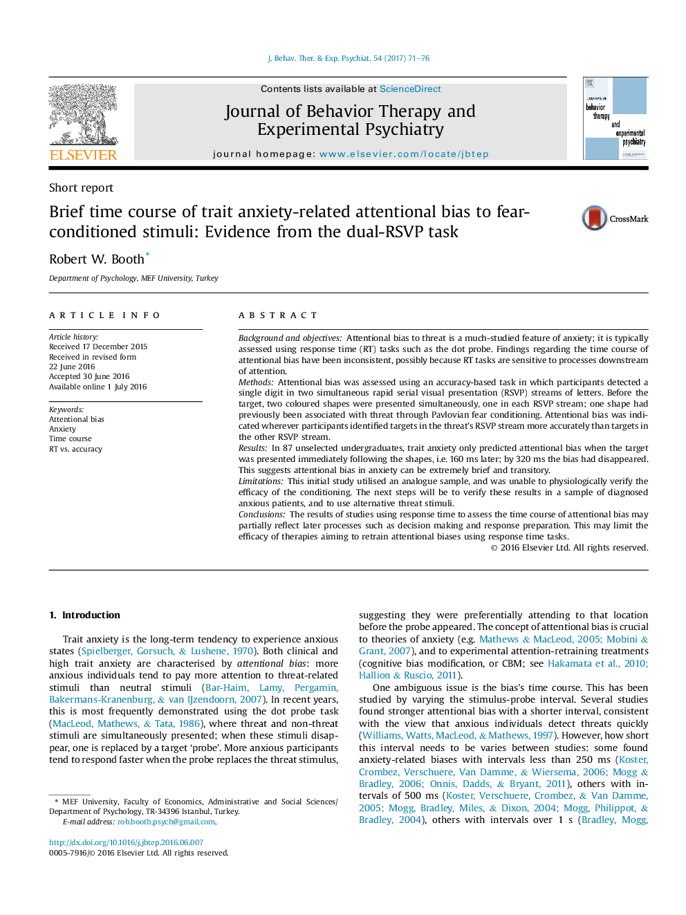 Brief time course of trait anxiety-related attentional bias to fear-conditioned stimuli: Evidence from the dual-RSVP task