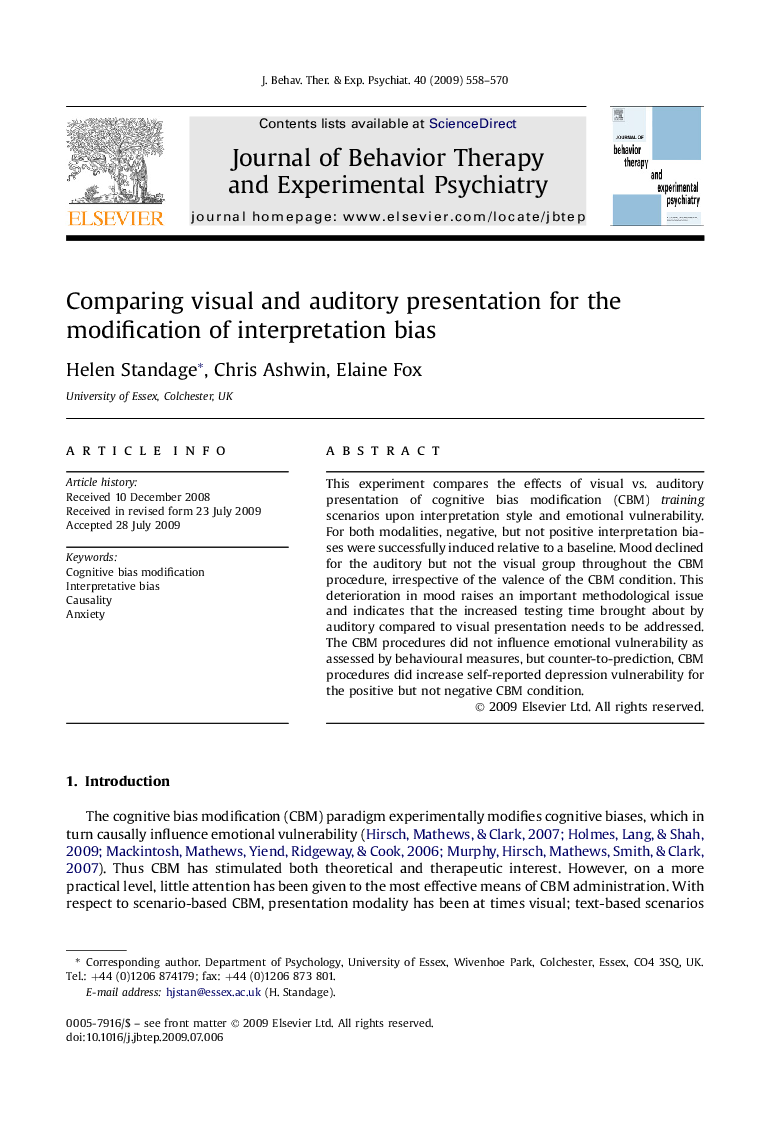 Comparing visual and auditory presentation for the modification of interpretation bias