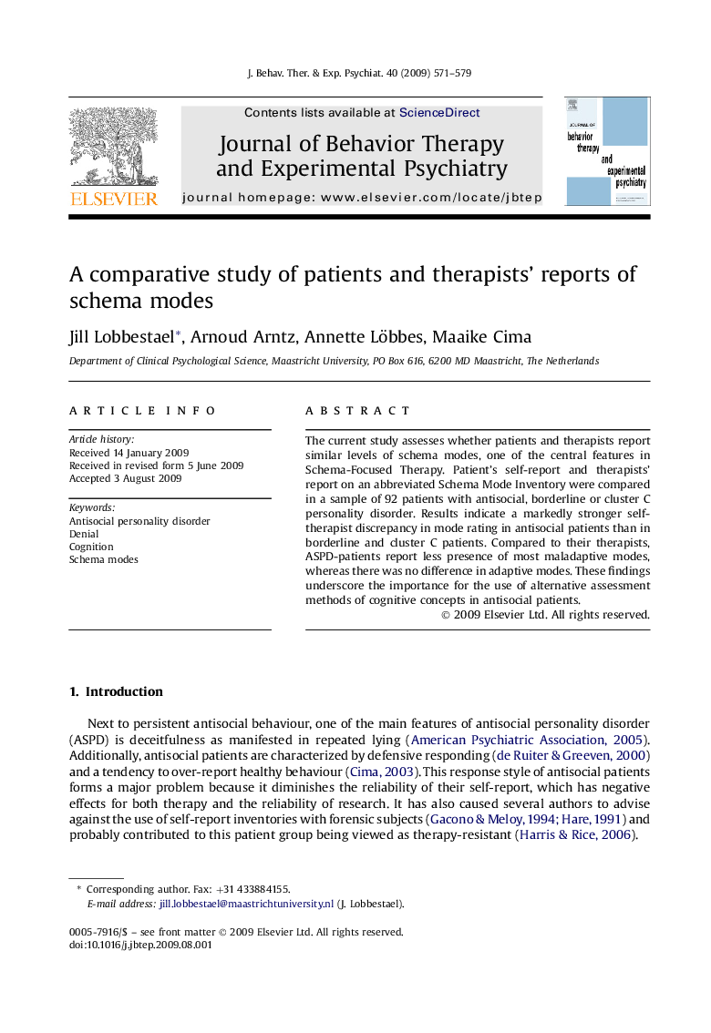 A comparative study of patients and therapists' reports of schema modes