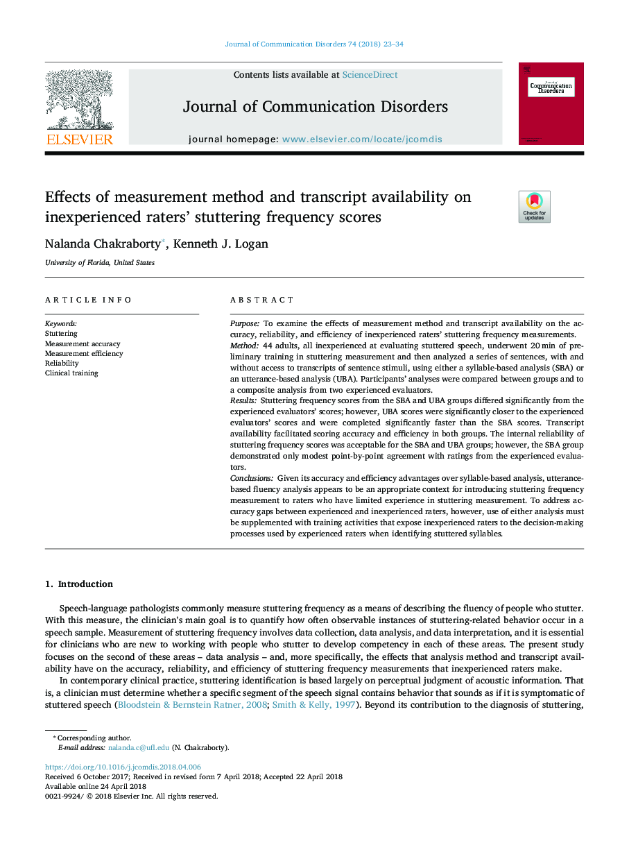 Effects of measurement method and transcript availability on inexperienced raters' stuttering frequency scores