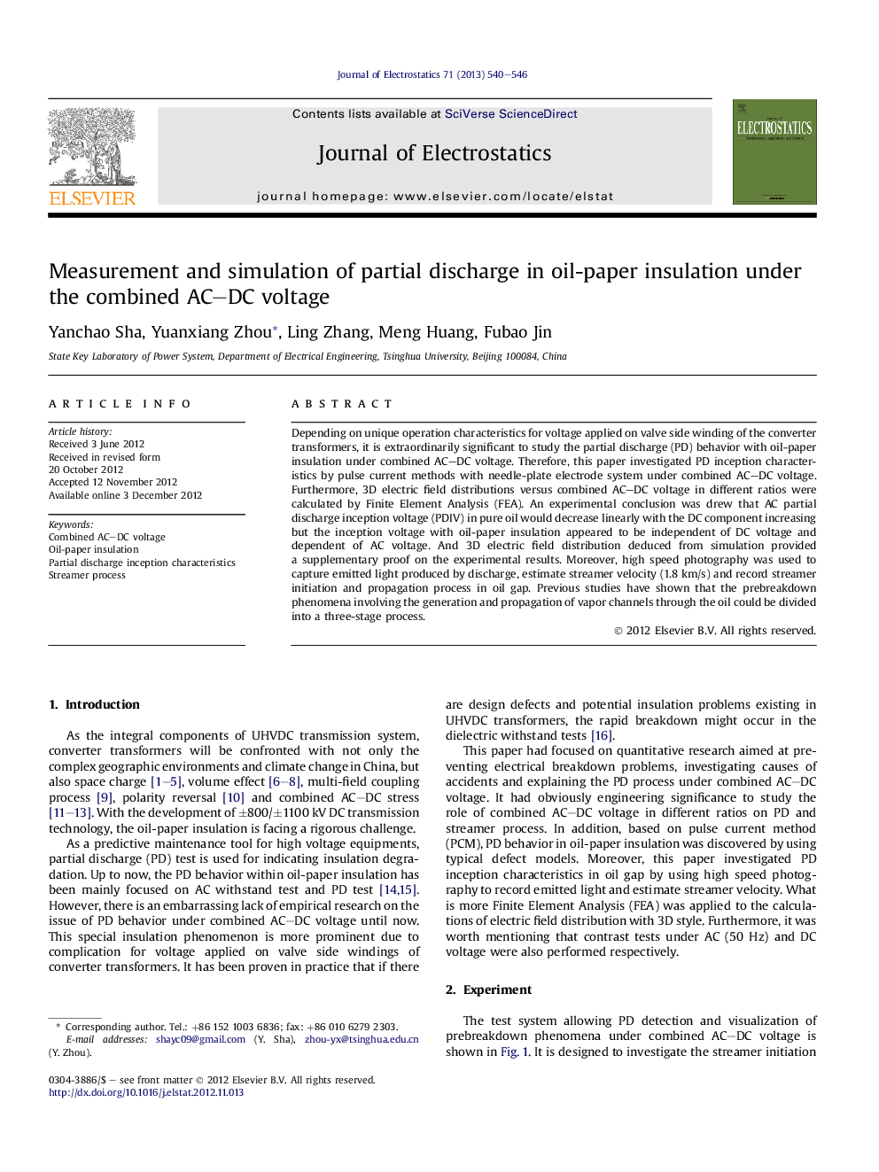 Measurement and simulation of partial discharge in oil-paper insulation under the combined AC–DC voltage