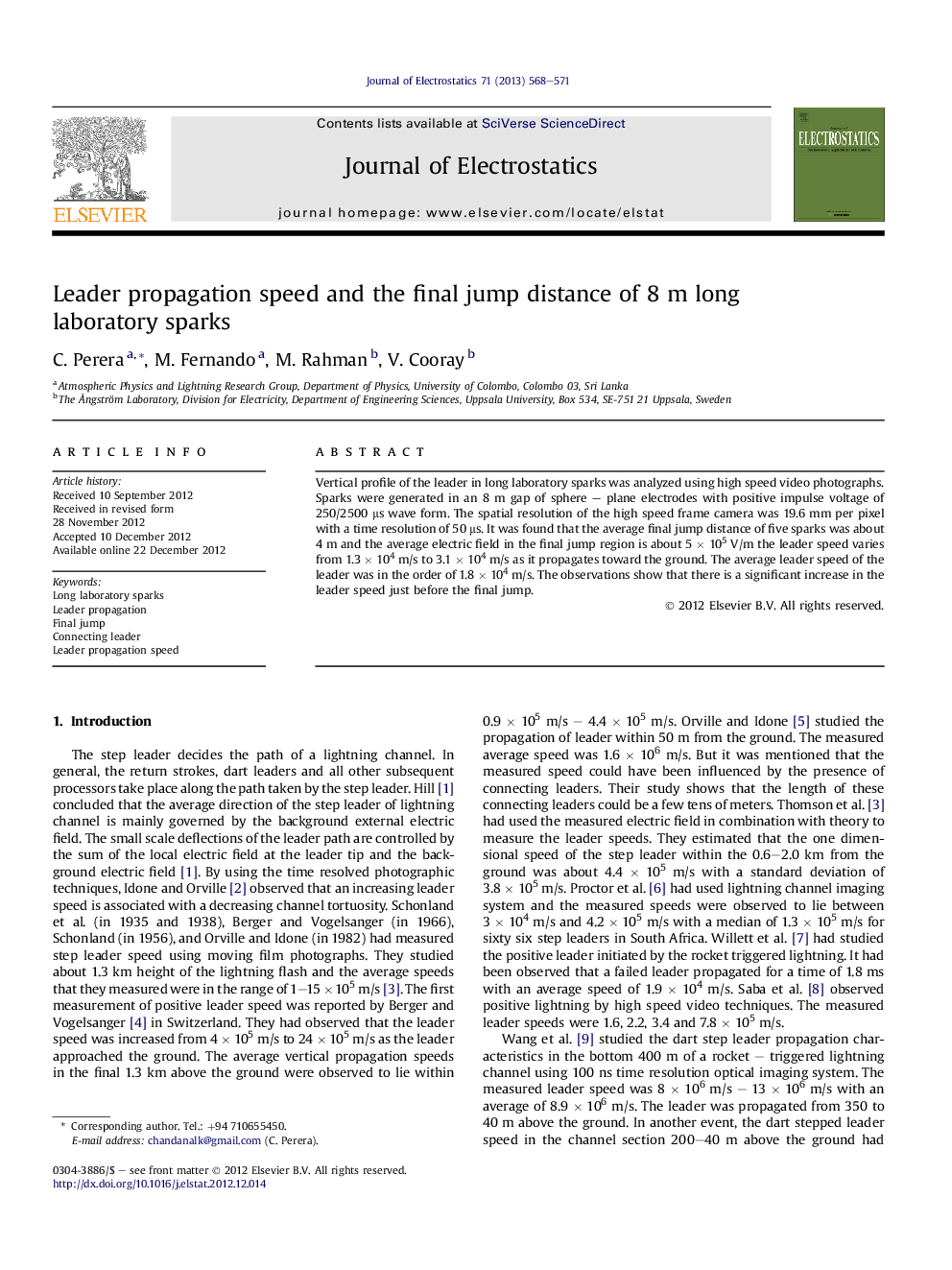Leader propagation speed and the final jump distance of 8 m long laboratory sparks