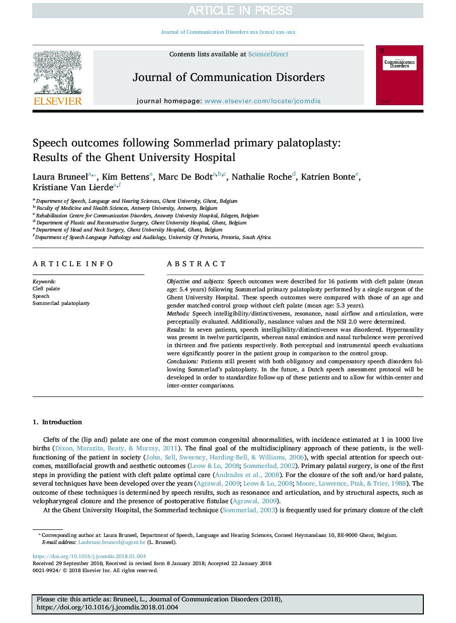 Speech outcomes following Sommerlad primary palatoplasty: Results of the Ghent University Hospital